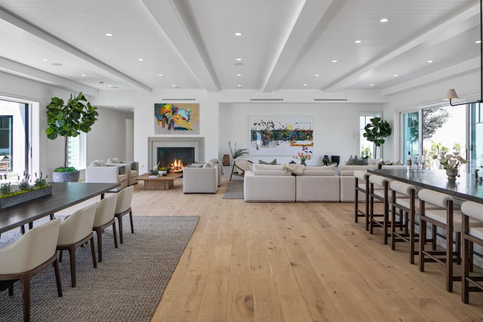 Living room with pine floors, biege sofas, fireplace and modern art.
