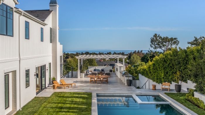 Backyard with pool, horizon view of ocean, and offshore island.