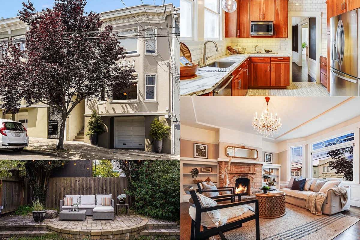 Collage of 751 18th Ave, showing large windows and a brick fireplace