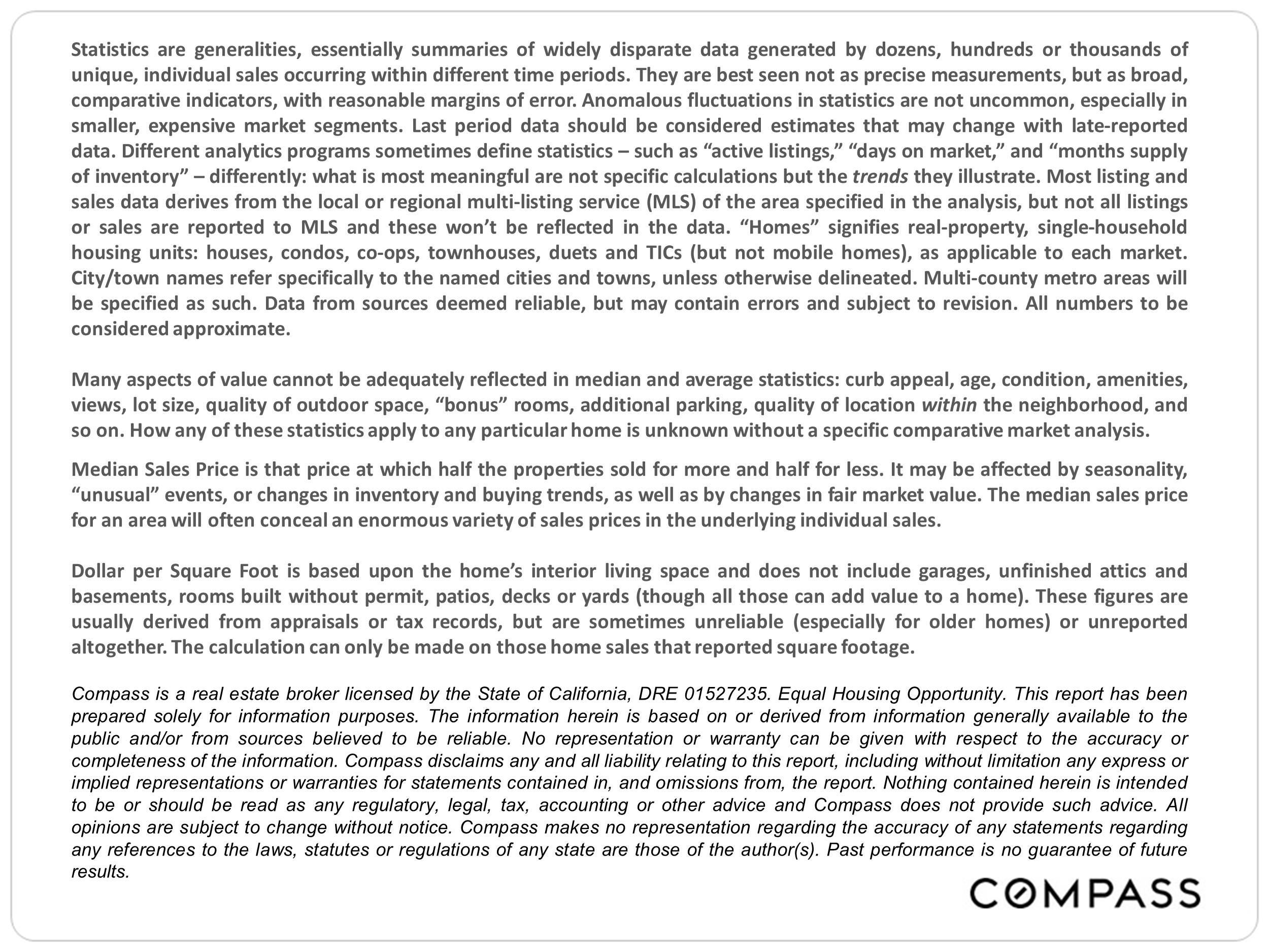 Slide with Compass disclaimer regarding market stats and data