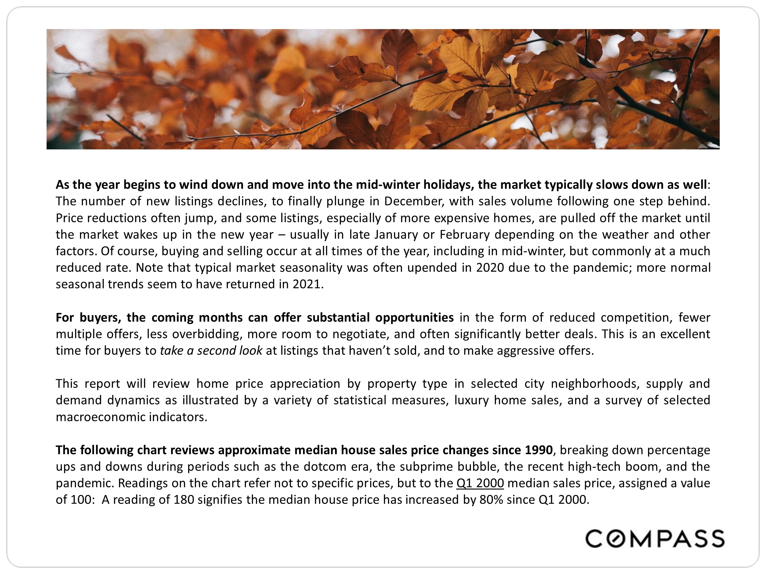 banner photo of fall leaves and paragraphs describing the market seasonality