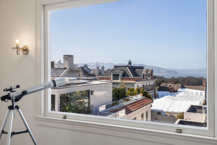 A large widow with telescope overlooks a cityscape