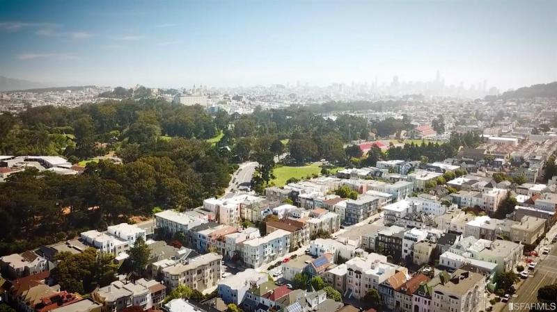 Wide-shot aerial view of 1235 5th Avenue, showing Golden Gate Park and the surrounding community
