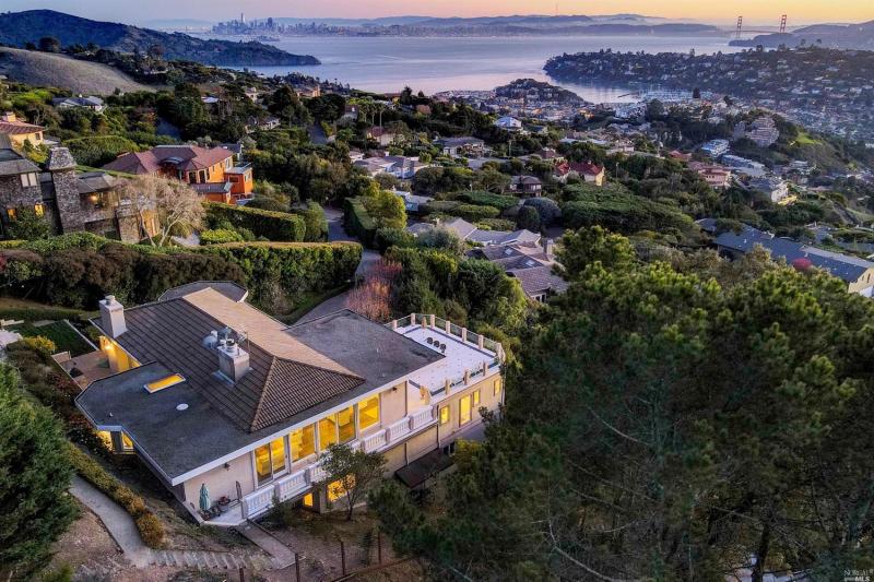Aerial view of 10 Venado Drive, showing a large home overlooking San Francisco Bay