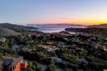 Aerial view from 10 Venado Drive at sunset, showing the panoramic San Francisco Bay area views