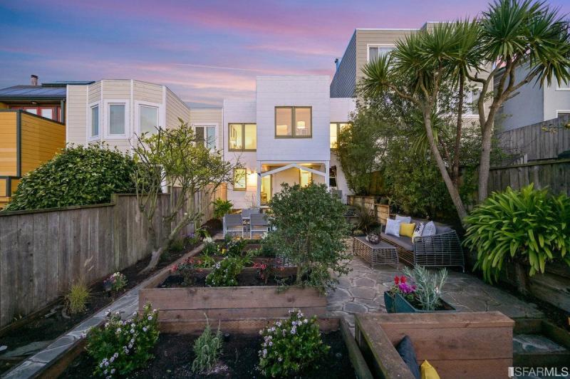 Rear exterior view of the backyard showcasing ample sitting area