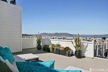 Patio area at  2044 Green Street, showing views of San Francisco and the Golden Gate Bridge