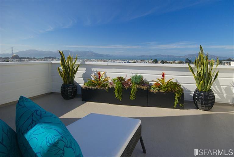Patio with lounge area overlooking the San Francisco Bay Area